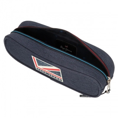 Estojo azul escuro com padrão de bandeira e fecho de correr colorido aberto