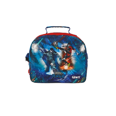 Mochila térmica infantil com estampa de jogadores de futebol e cores azul, vermelho e preto