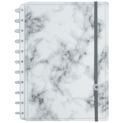 Caderno de argolas com capa marmoreada cinza e branco com elástico cinza