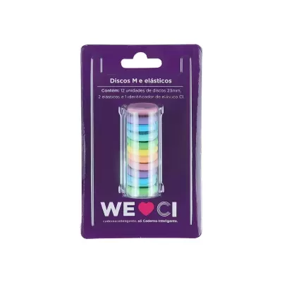 Discos e elásticos coloridos em embalagem roxa WE ❤️ CI