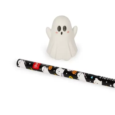 Figura decorativa de fantasma branco e lápis preto decorado com temas de Halloween