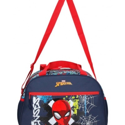 Mala azul escura Homem-Aranha com alça vermelha e estampado de teias.
