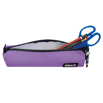 Estojo escolar lilás com tesoura azul, lápis vermelho e caneta preta