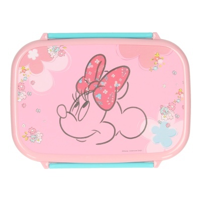 Caixa de lanche rosa com imagem da Minnie Mouse e flores coloridas