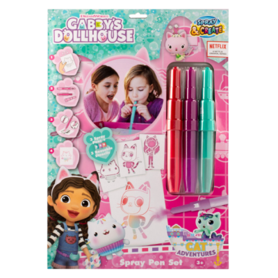 Conjunto de canetas spray para crianças com embalagem colorida e personagens de desenho animado