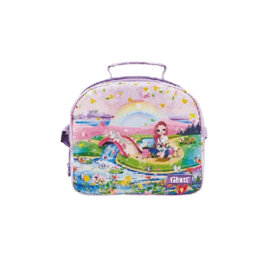 Bolsa lilás pequena com ilustração colorida e alça superior
