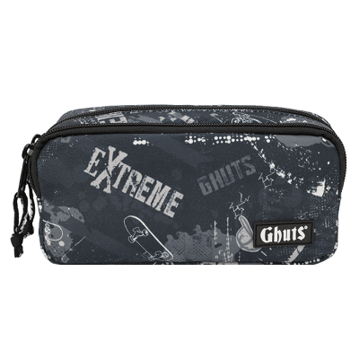 Estojo retangular cinzento e preto com padrão e logótipo Ghuts