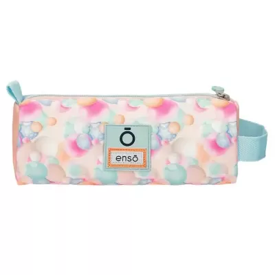 Estojo retangular colorido com padrão de bolhas pastel e etiqueta 'ō ensō'