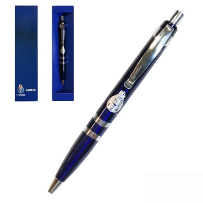 Caneta metálica azul com emblema do FC Porto numa caixa azul