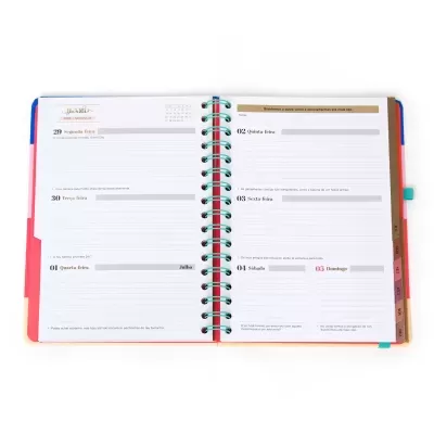 Agenda semanal aberta com páginas para 29 junho a 5 julho 2026 e separadores coloridos