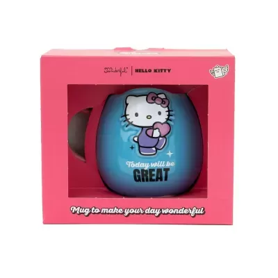 Caneca azul Hello Kitty em caixa rosa com texto motivacional