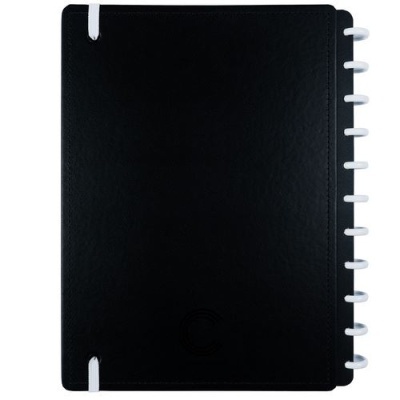 Caderno preto com argolas e elásticos brancos
