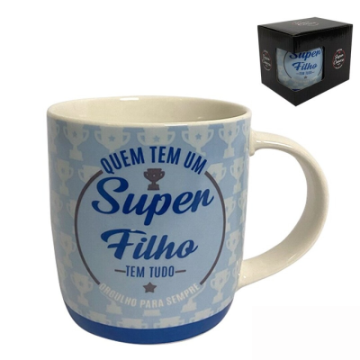 Caneca azul claro com texto 