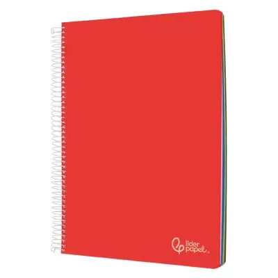 Caderno espiral com capa vermelha e folhas coloridas