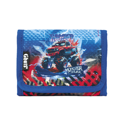 Carteira azul, vermelha e preta com imagem de carro e texto