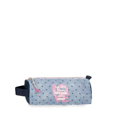 Estojo azul claro com corações e fecho rosa