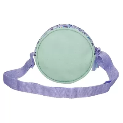 Mala redonda pequena verde água com padrão floral e alça lilás