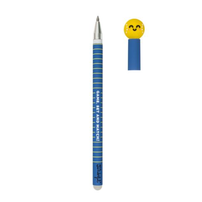 Caneta esferográfica azul com tampinha amarela com carinha sorridente