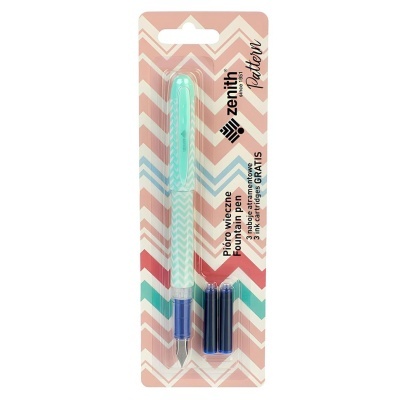 Caneta de tinta permanente azul com padrão chevron e três tinteiros na embalagem