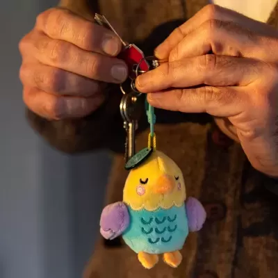 Chaveiro de peluche pássaro colorido pendurado em mãos com chaves.