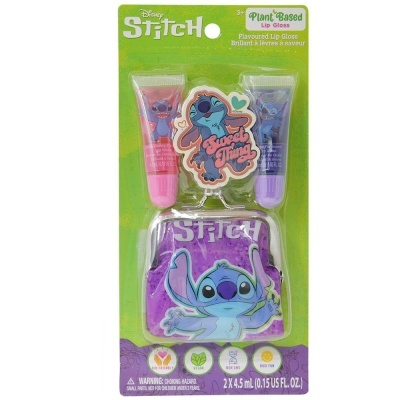 Pack de brilho labial Plant Based Disney Stitch com dois tubos de brilho e carteira roxa com personagem Stitch.