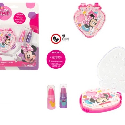 Conjunto maquiagem infantil Minnie Disney com paleta rosa, batons e sombras