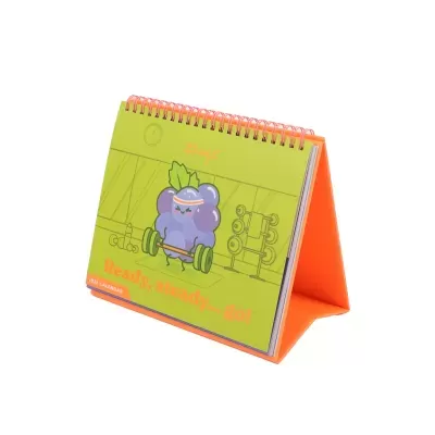 Calendário de secretária 2026 com ilustração de uva a levantar pesos