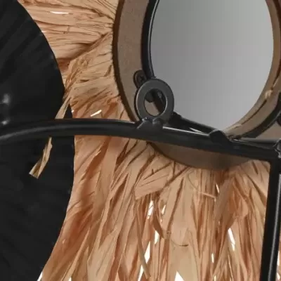 Espelho redondo com moldura de fibras naturais e estrutura metálica preta