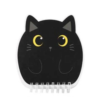 Caderno em forma de gato preto com olhos amarelos e espiral branca