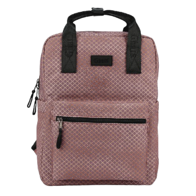 Mochila rosa com padrão dourado e alças pretas