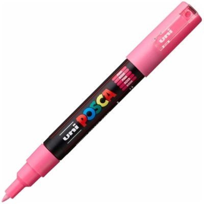 Marcador Uni Posca rosa de ponta fina com tampa cor-de-rosa e texto colorido no corpo preto