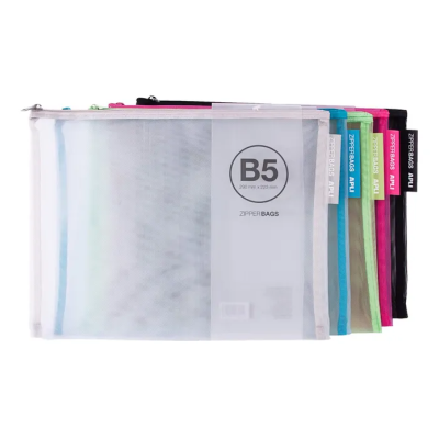 Conjunto de bolsas com fecho translúcidas e coloridas tamanho B5 com etiquetas coloridas