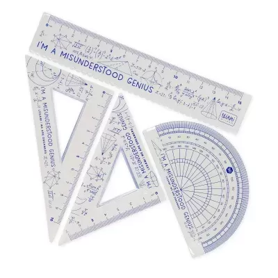 Conjunto de quatro réguas transparentes com fórmulas matemáticas e texto em azul