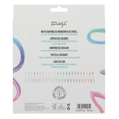 Parte traseira de embalagem branca de lápis de cor Mr. Wonderful com texto e gráfico colorido