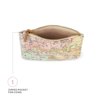 Necessaire pequena com padrão de mapa e fecho de correr dourado aberta