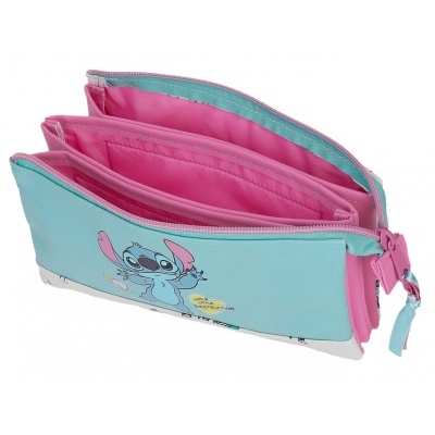 Estojo escolar azul com interior rosa e imagem Stitch