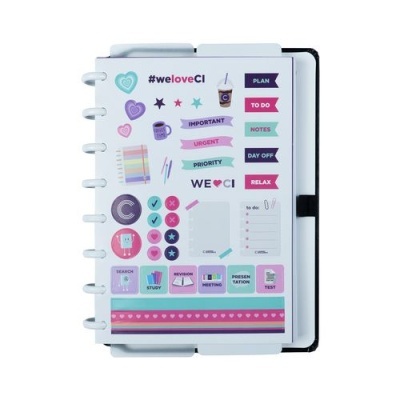 Conjunto de autocolantes coloridos para organização sobre caderno preto com elástico.