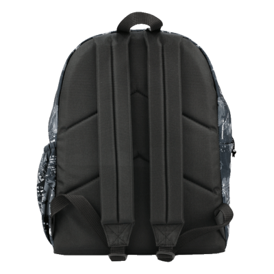 Mochila preta com costas acolchoadas e tiras ajustáveis, detalhes cinza camuflado nas laterais