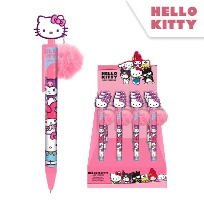 Caneta Hello Kitty rosa com pompom e topper da personagem