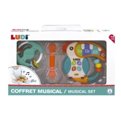 Conjunto musical infantil com teclado e pandeiro em caixa branca e verde