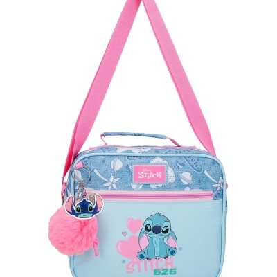 Bolsa azul claro e rosa com personagem Stitch da Disney e chaveiro peludo