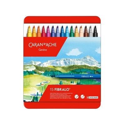 Conjunto de marcadores coloridos Fibralo da Caran dAche numa caixa metálica vermelha com ilustração de montanhas.