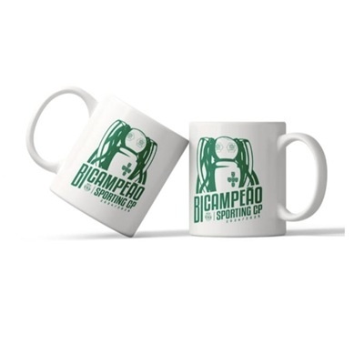 Canecas brancas com desenho verde de troféu e texto BI-CAMPEÃO SPORTING CP