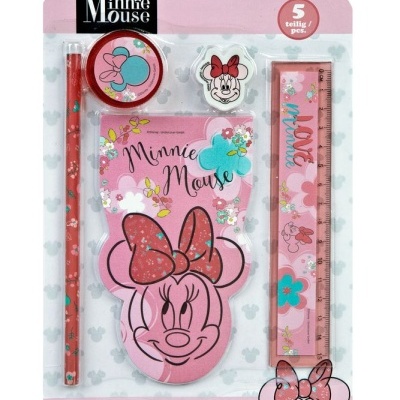 Conjunto de escrita Minnie Mouse com lápis, borracha, apontador, régua e bloco rosa decorados
