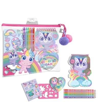 Conjunto infantil de desenho com estojo, cadernetas, lápis coloridos e acessórios com temas de unicórnios e arco-íris.