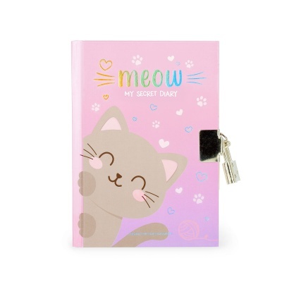 Diário secreto cor-de-rosa com capa de gato sorridente e fecho de cadeado prateado