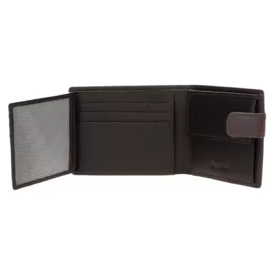 Carteira de couro castanha aberta com vários compartimentos e parte transparente