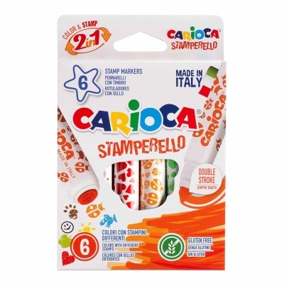 Conjunto de marcadores coloridos Carioca Stamperello com carimbos e embalagem branca.