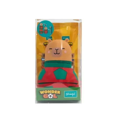 Estojo em forma de urso sorridente embalada em estojo transparente com texto WONDER GOL e mr. wonderful