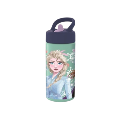 Garrafa de água com tampa roxa e desenho da Elsa do Frozen